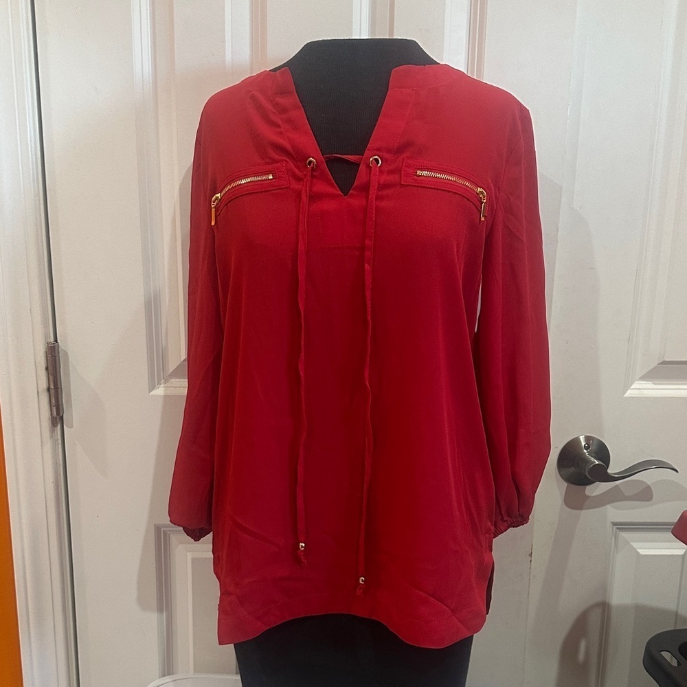NWOT Sequin Hearts Red Blouse with Gold Accents size S